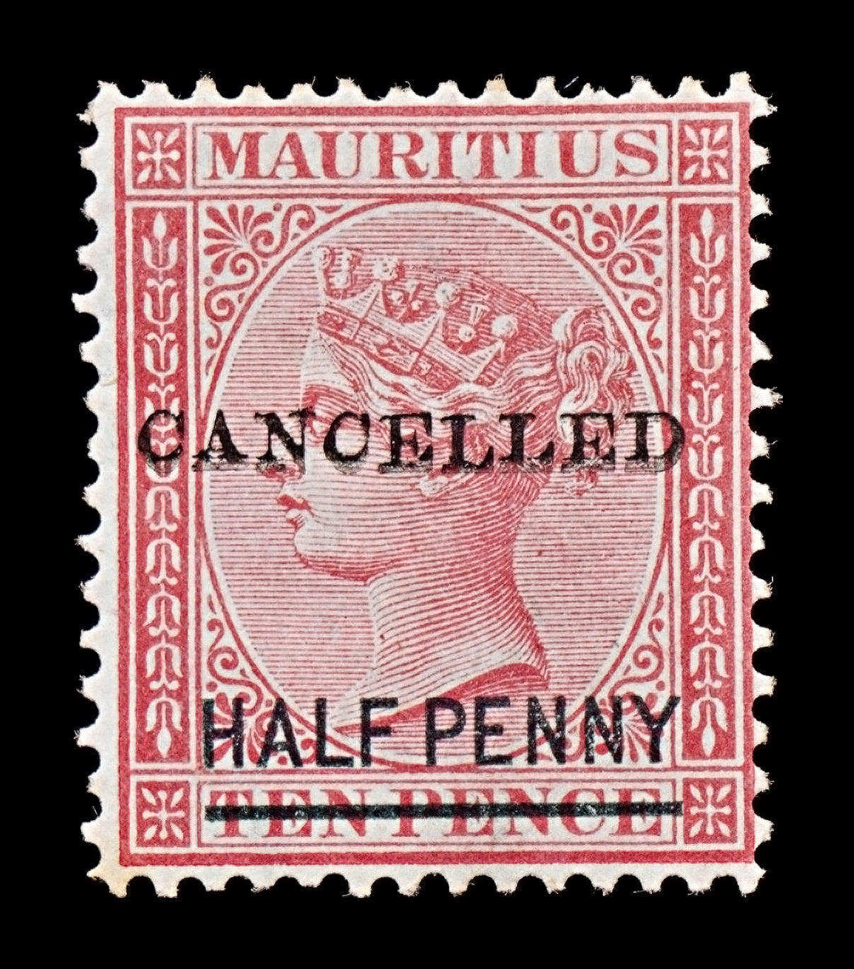 7825 Mauritius ½D Claret. "CANCELLED" Doubled 1877. MiCAN. Mint MH