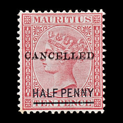7825 Mauritius ½D Claret. "CANCELLED" Doubled 1877. MiCAN. Mint MH, view 3