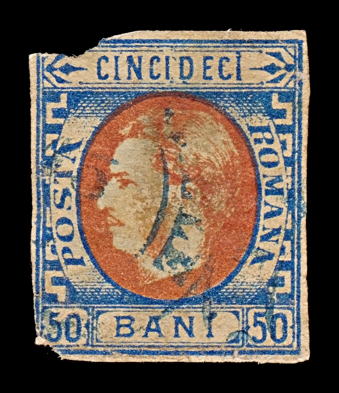 7828 Romania SG78 50b Blue & Red 1869. Sc#42 Mi25a. Used. C£60