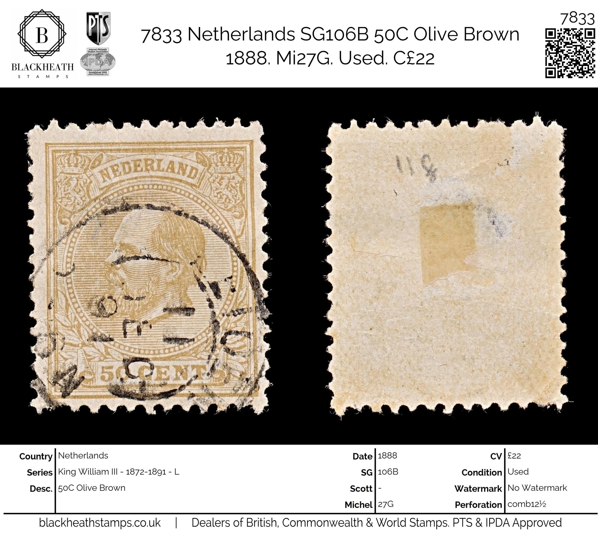 7833 Netherlands SG106B 50C Olive Brown 1888. Mi27G. Used. C£22