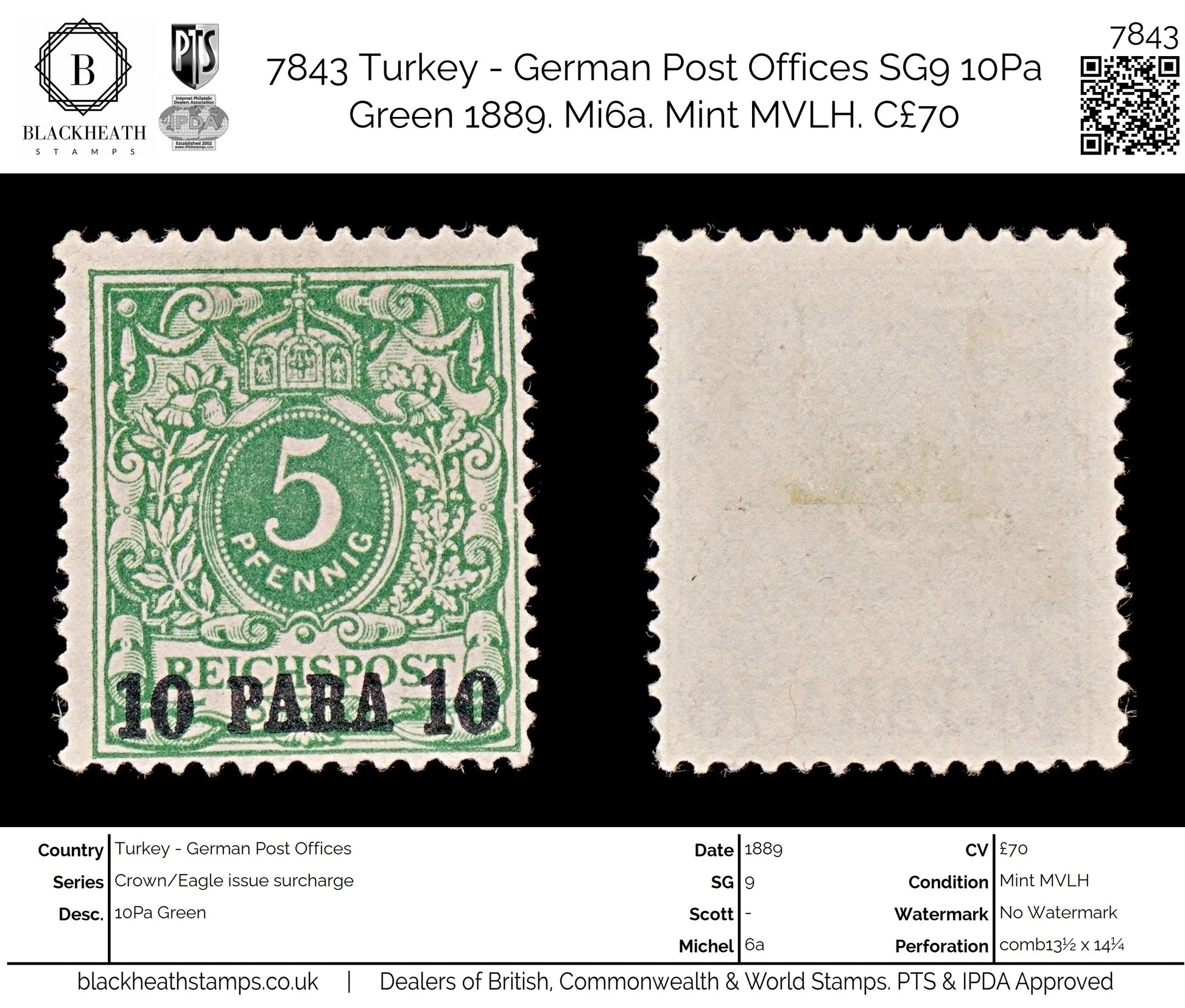 7843 Turkey - German Post Offices SG9 10Pa Green 1889. Mi6a. Mint MVLH. C£70