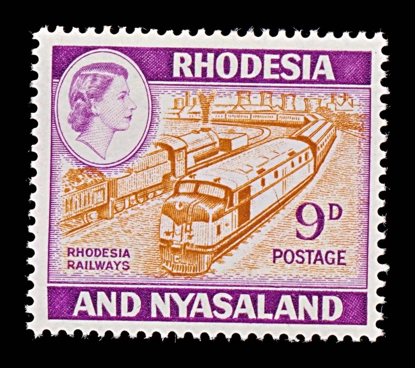 7854 Rhodesia & Nyasaland SG24a 9D Purple & Yellow Brown 1962. Sc#164A Mi26. Mint MVLH. C£9