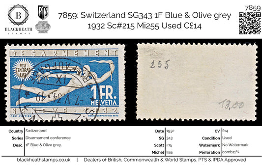 7859: Switzerland SG343 1F Blue & Olive grey 1932 Sc#215 Mi255 Used C£14