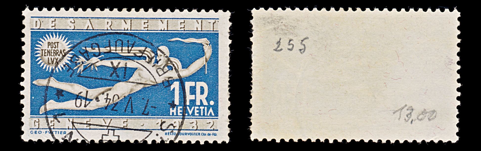 7859: Switzerland SG343 1F Blue & Olive grey 1932 Sc#215 Mi255 Used C£14