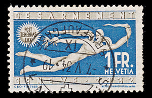 7859: Switzerland SG343 1F Blue & Olive grey 1932 Sc#215 Mi255 Used C£14
