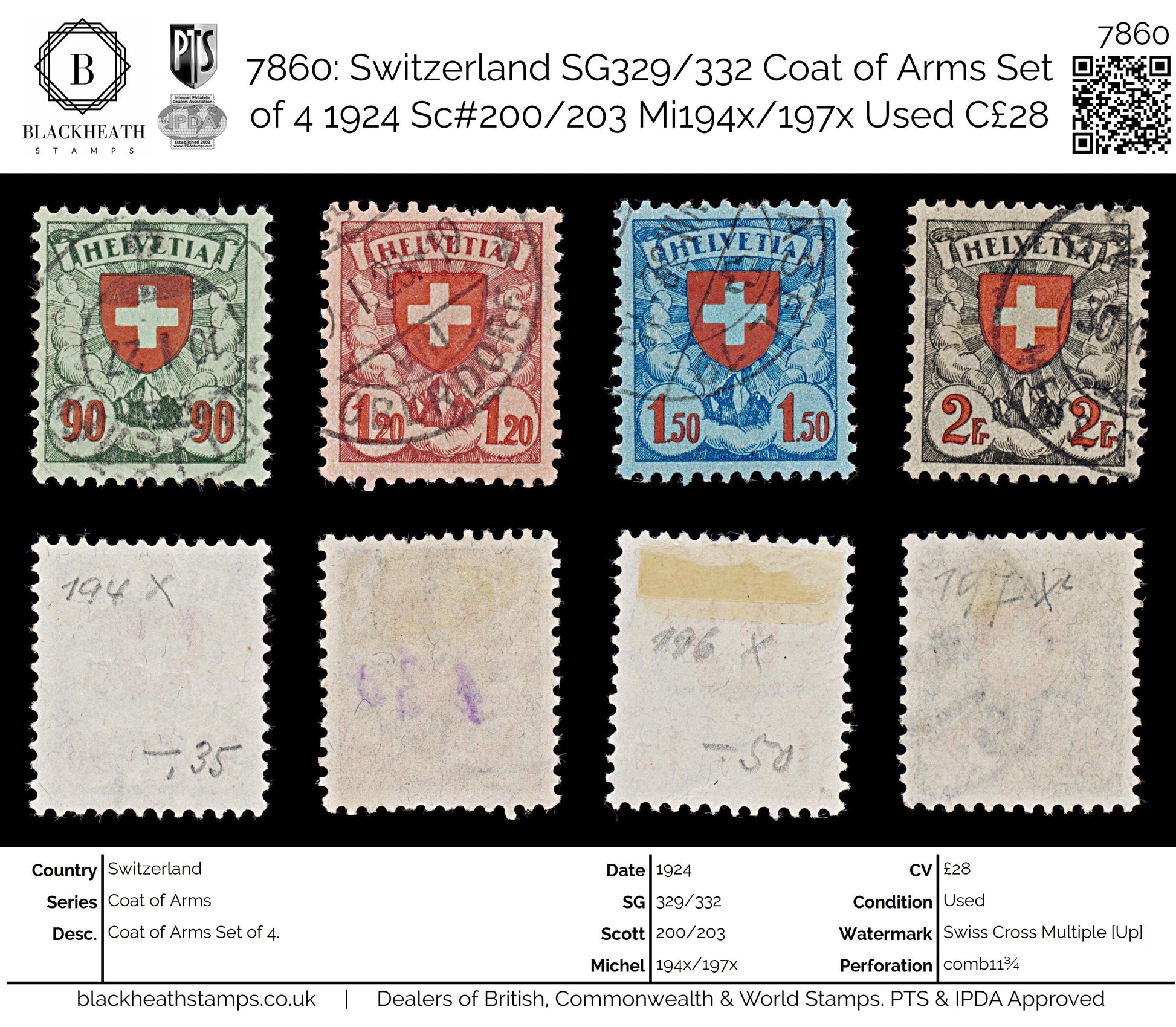 7860: Switzerland SG329/332 Coat of Arms Set of 4 1924 Sc#200/203 Mi194x/197x Used C£28