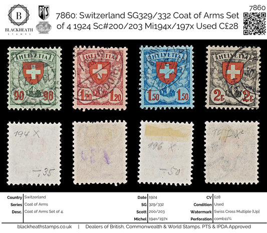 7860: Switzerland SG329/332 Coat of Arms Set of 4 1924 Sc#200/203 Mi194x/197x Used C£28