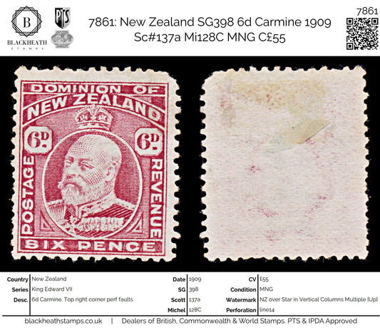 7861: New Zealand SG398 6d Carmine 1909 Sc#137a Mi128C MNG C£55