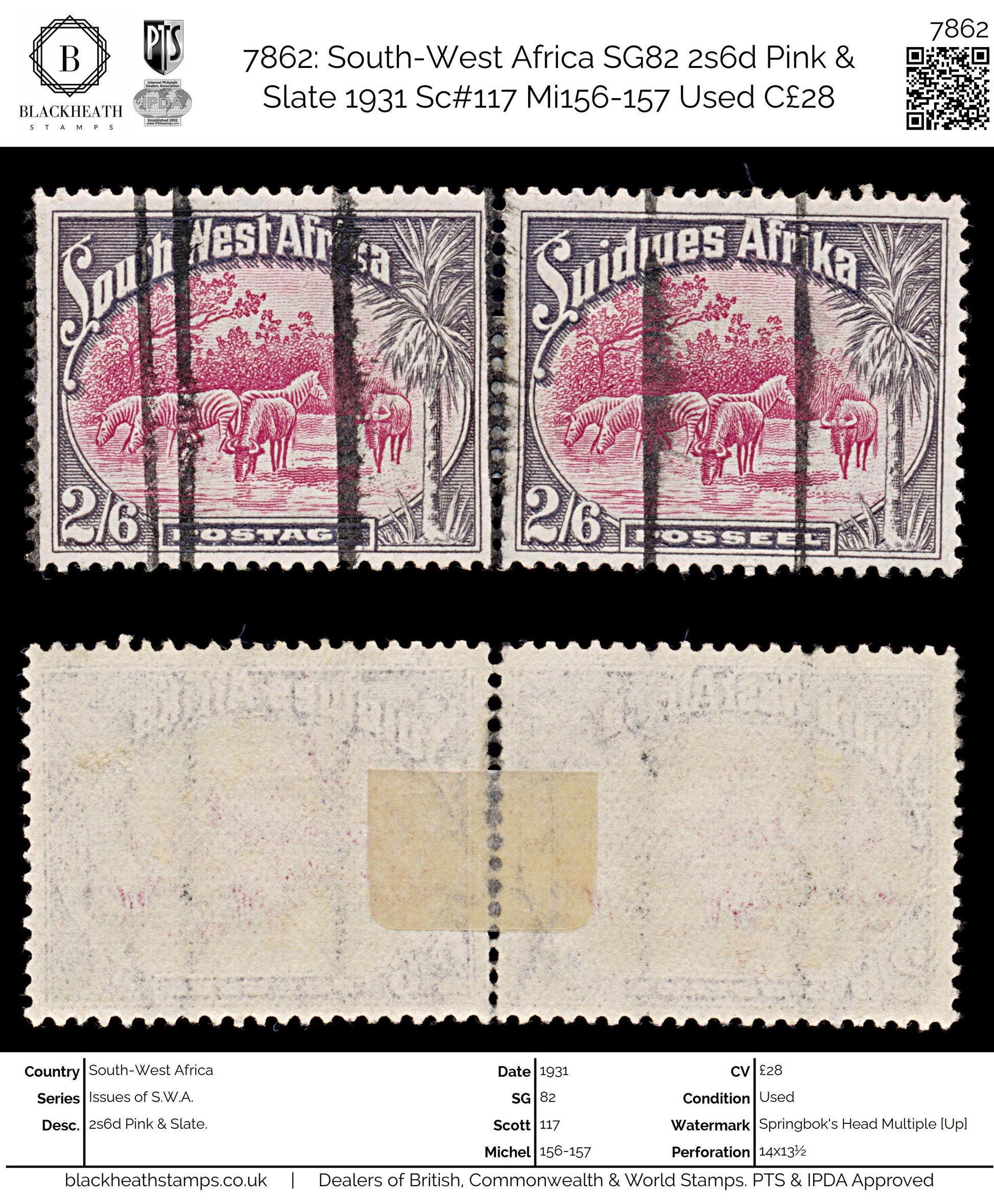 7862: South-West Africa SG82 2s6d Pink & Slate 1931 Sc#117 Mi156-157 Used C£28