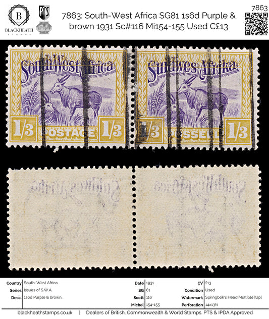 7863: South-West Africa SG81 1s6d Purple & brown 1931 Sc#116 Mi154-155 Used C£13