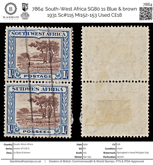 7864: South-West Africa SG80 1s Blue & brown 1931 Sc#115 Mi152-153 Used C£18