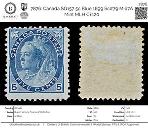 7876: Canada SG157 5c Blue 1899 Sc#79 Mi67A Mint MLH C£120