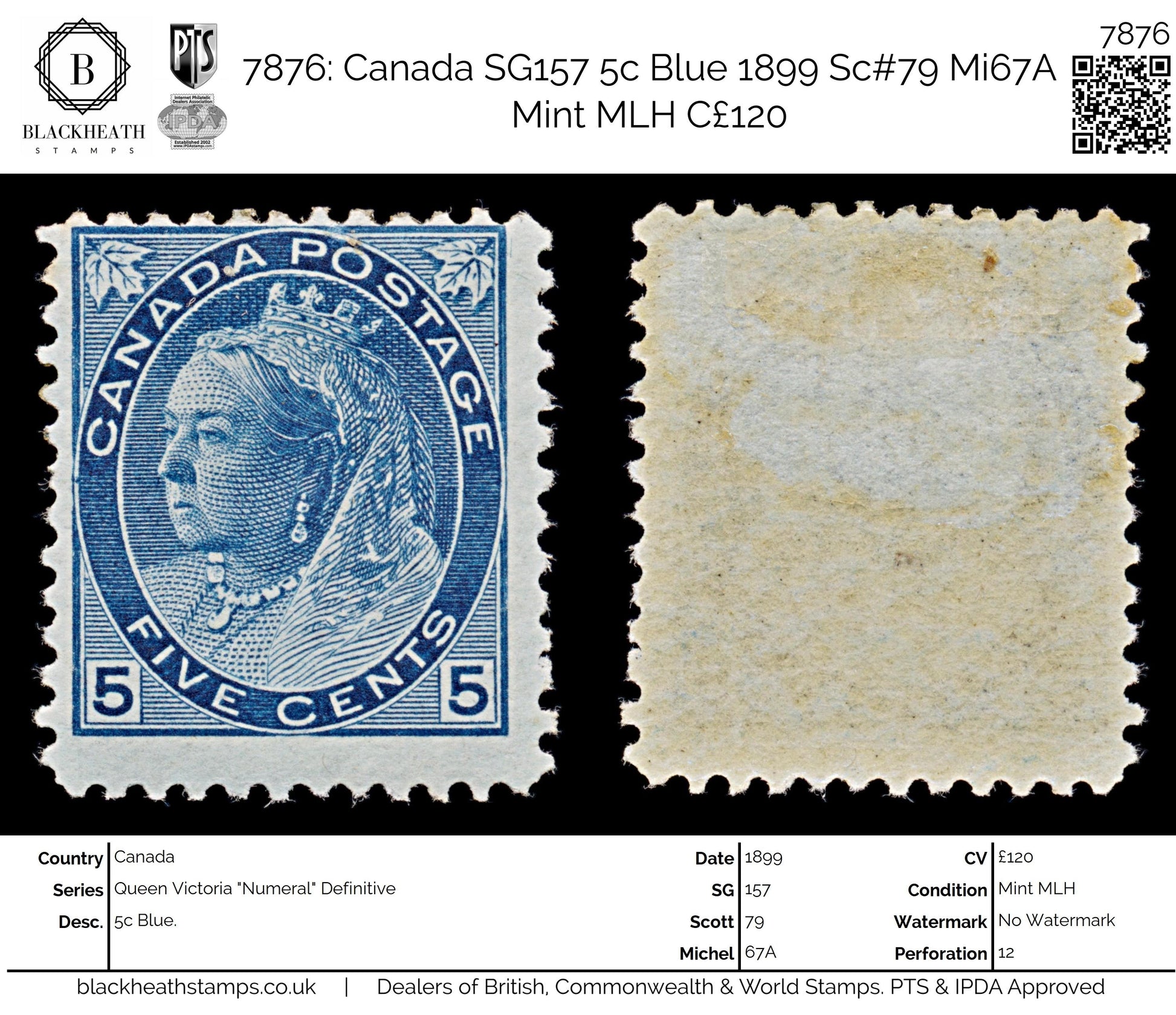 7876: Canada SG157 5c Blue 1899 Sc#79 Mi67A Mint MLH C£120
