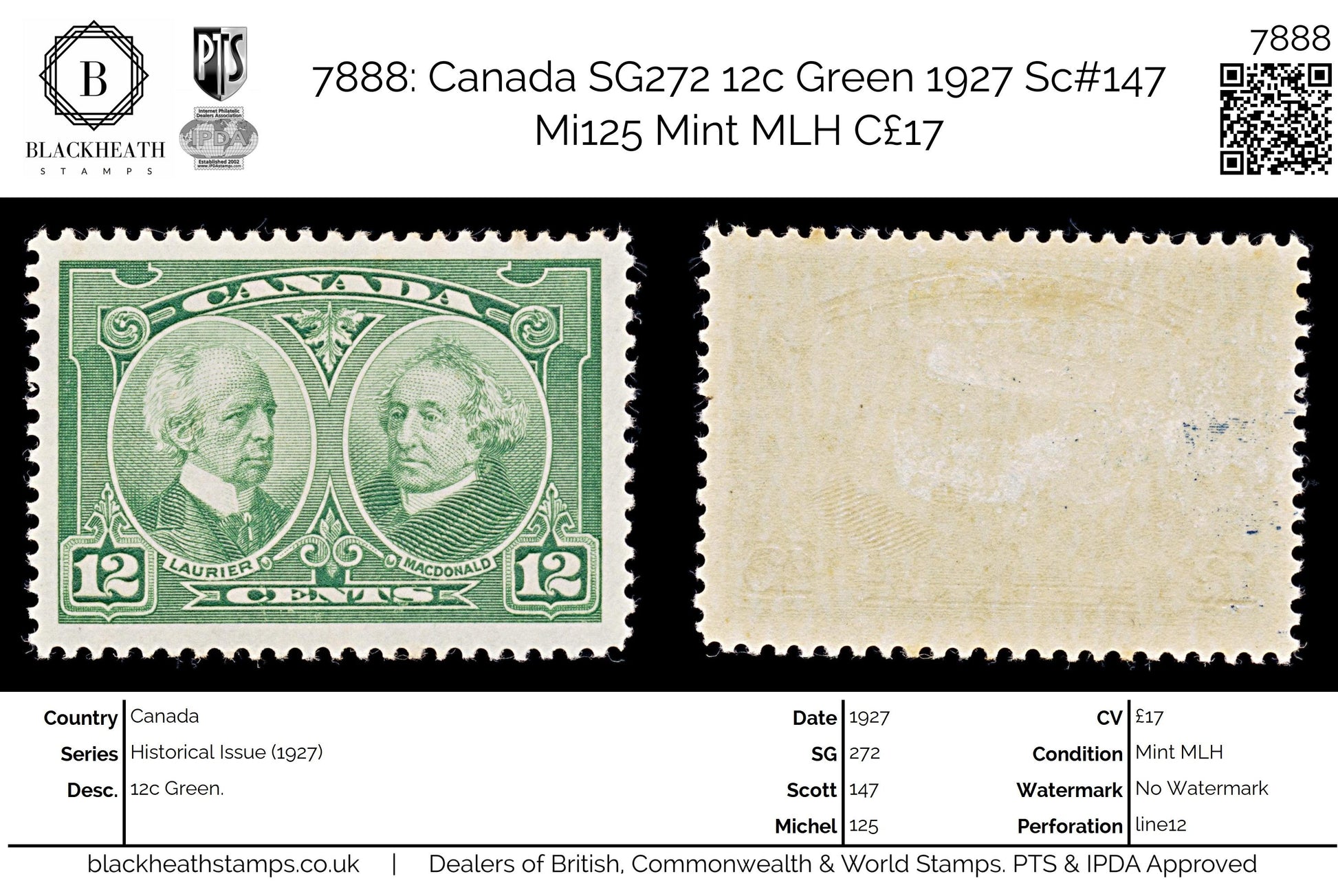 7888: Canada SG272 12c Green 1927 Sc#147 Mi125 Mint MLH C£17