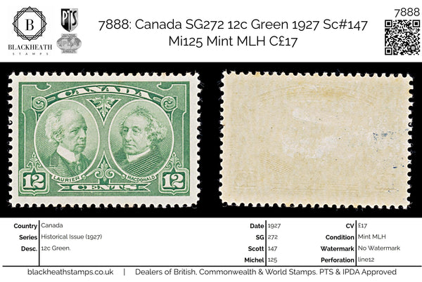 7888: Canada SG272 12c Green 1927 Sc#147 Mi125 Mint MLH C£17