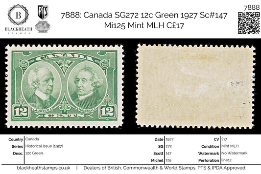 7888: Canada SG272 12c Green 1927 Sc#147 Mi125 Mint MLH C£17