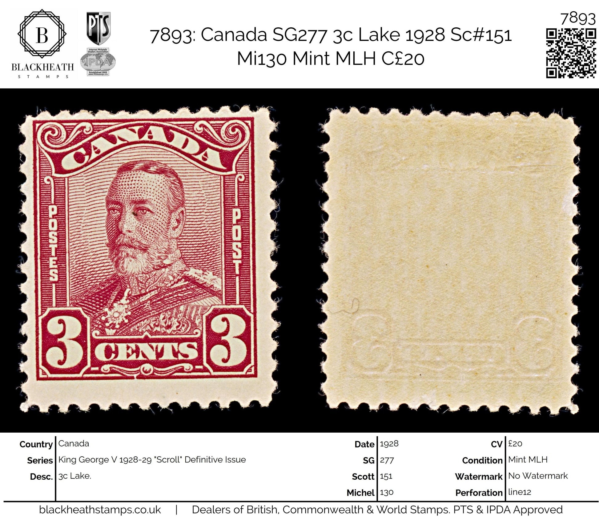 7893: Canada SG277 3c Lake 1928 Sc#151 Mi130 Mint MLH C£20