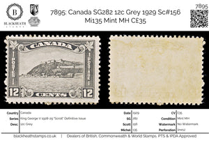 7895: Canada SG282 12c Grey 1929 Sc#156 Mi135 Mint MH C£35
