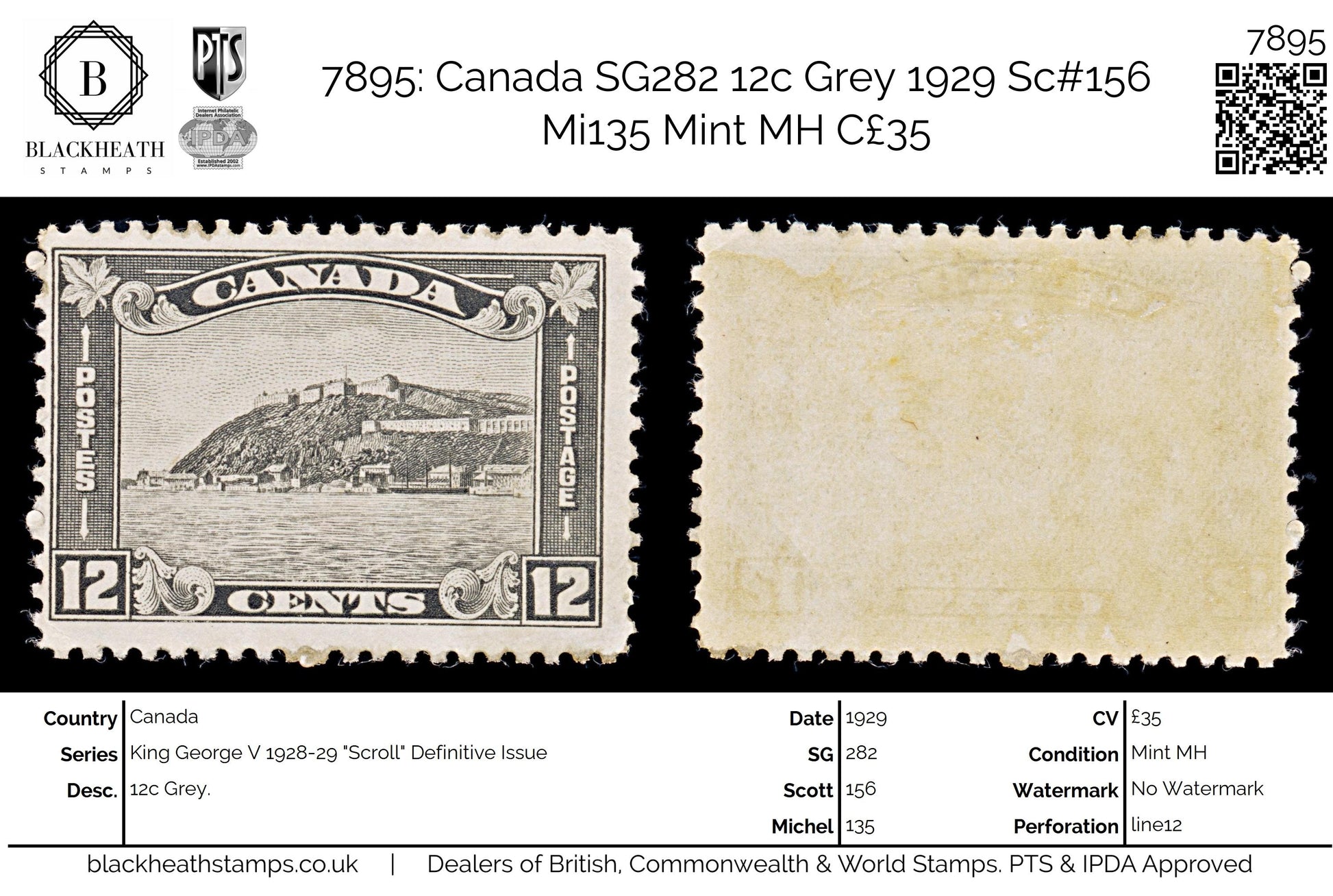 7895: Canada SG282 12c Grey 1929 Sc#156 Mi135 Mint MH C£35