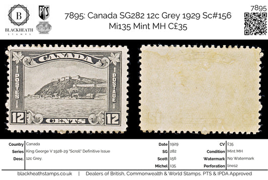 7895: Canada SG282 12c Grey 1929 Sc#156 Mi135 Mint MH C£35