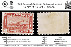 7896: Canada SG283 20c Dark carmine 1929 Sc#157 Mi136 Mint MNG C£50