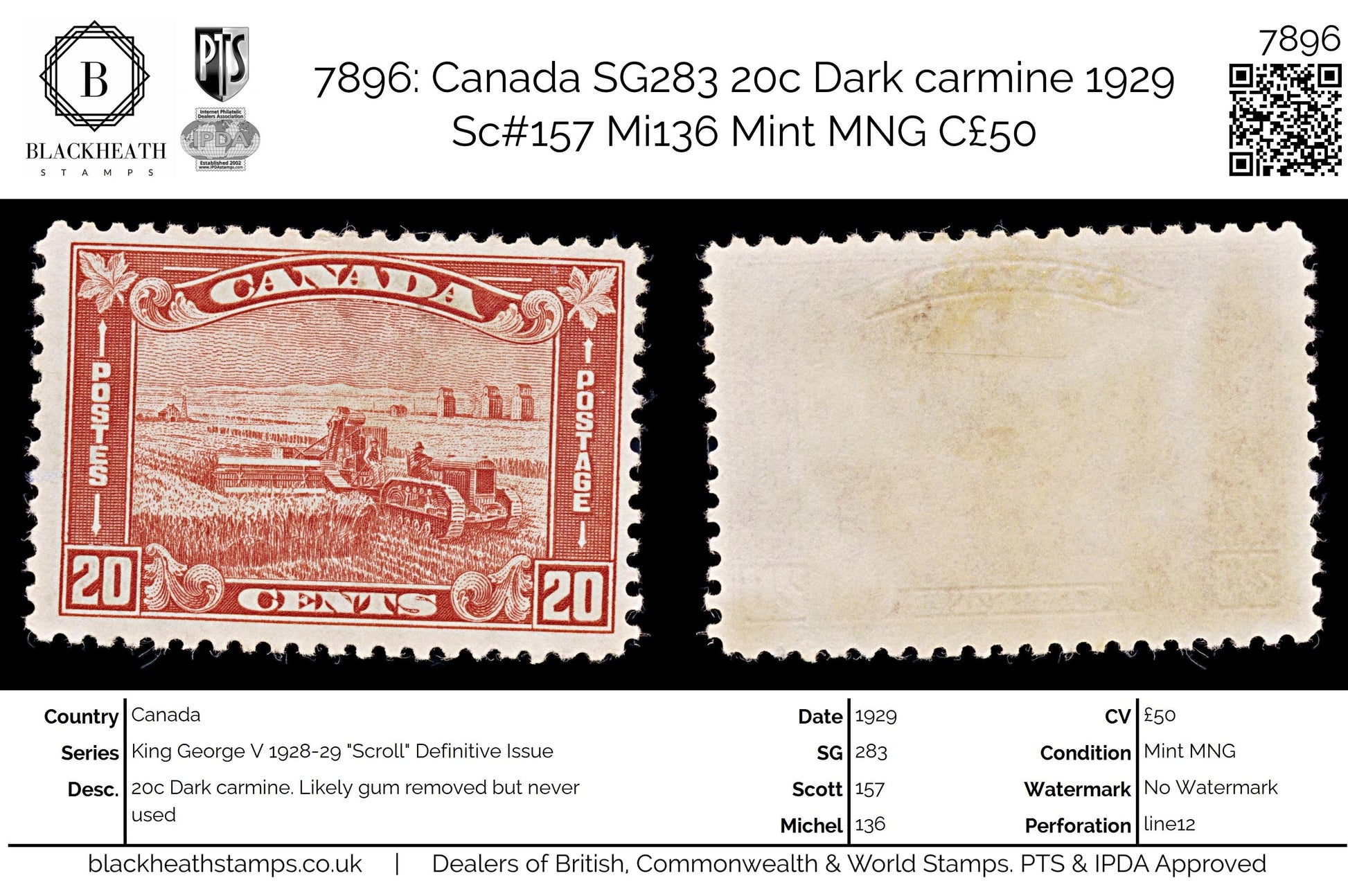 7896: Canada SG283 20c Dark carmine 1929 Sc#157 Mi136 Mint MNG C£50