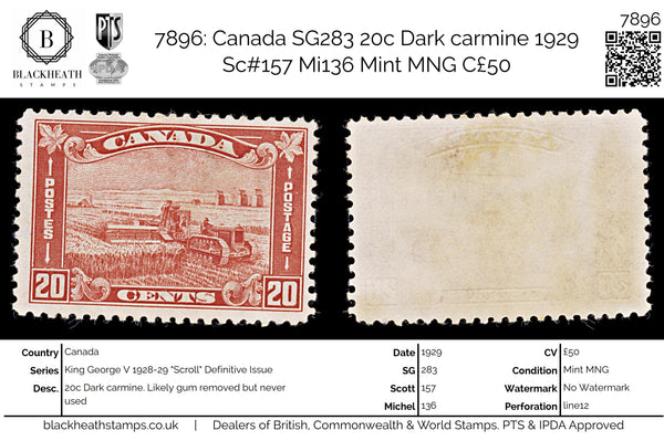 7896: Canada SG283 20c Dark carmine 1929 Sc#157 Mi136 Mint MNG C£50