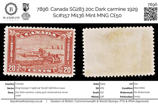 7896: Canada SG283 20c Dark carmine 1929 Sc#157 Mi136 Mint MNG C£50