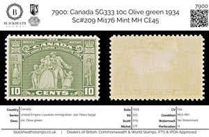 7900: Canada SG333 10c Olive green 1934 Sc#209 Mi176 Mint MH C£45