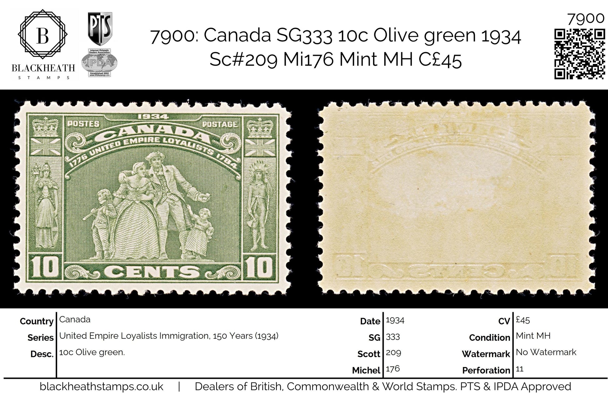 7900: Canada SG333 10c Olive green 1934 Sc#209 Mi176 Mint MH C£45