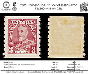 7903: Canada SG354 3c Scarlet 1935 Sc#230 Mi186D Mint MH C£9