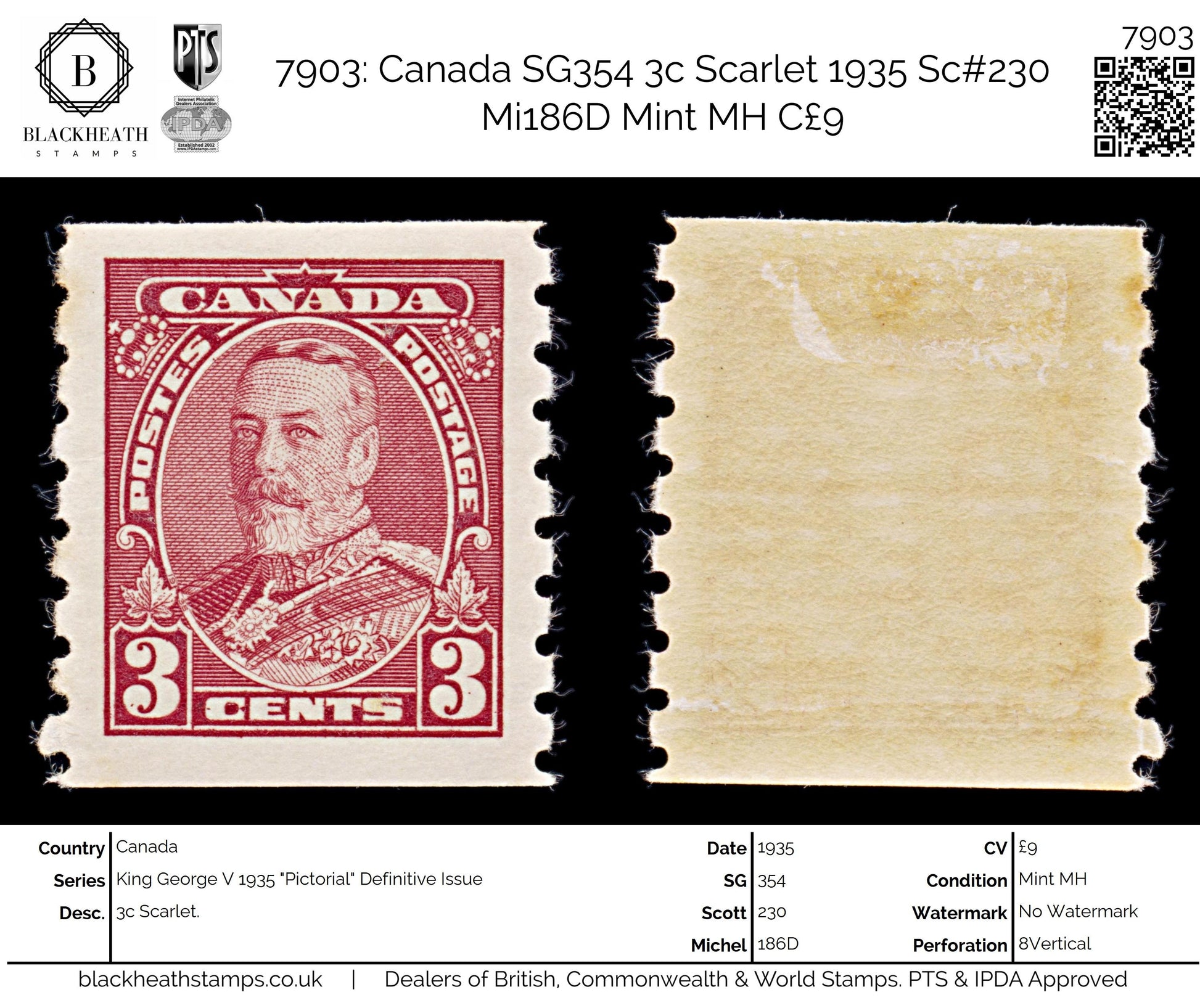 7903: Canada SG354 3c Scarlet 1935 Sc#230 Mi186D Mint MH C£9