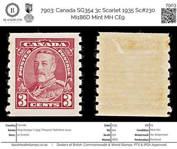 7903: Canada SG354 3c Scarlet 1935 Sc#230 Mi186D Mint MH C£9