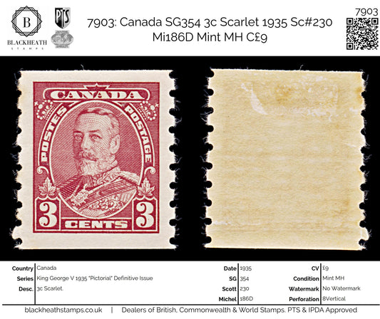 7903: Canada SG354 3c Scarlet 1935 Sc#230 Mi186D Mint MH C£9
