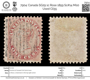 7904: Canada SG29 1c Rose 1859 Sc#14 Mi10 Used C£55