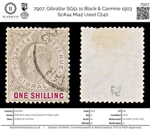 7907: Gibraltar SG51 1s Black & Carmine 1903 Sc#44 Mi42 Used C£40