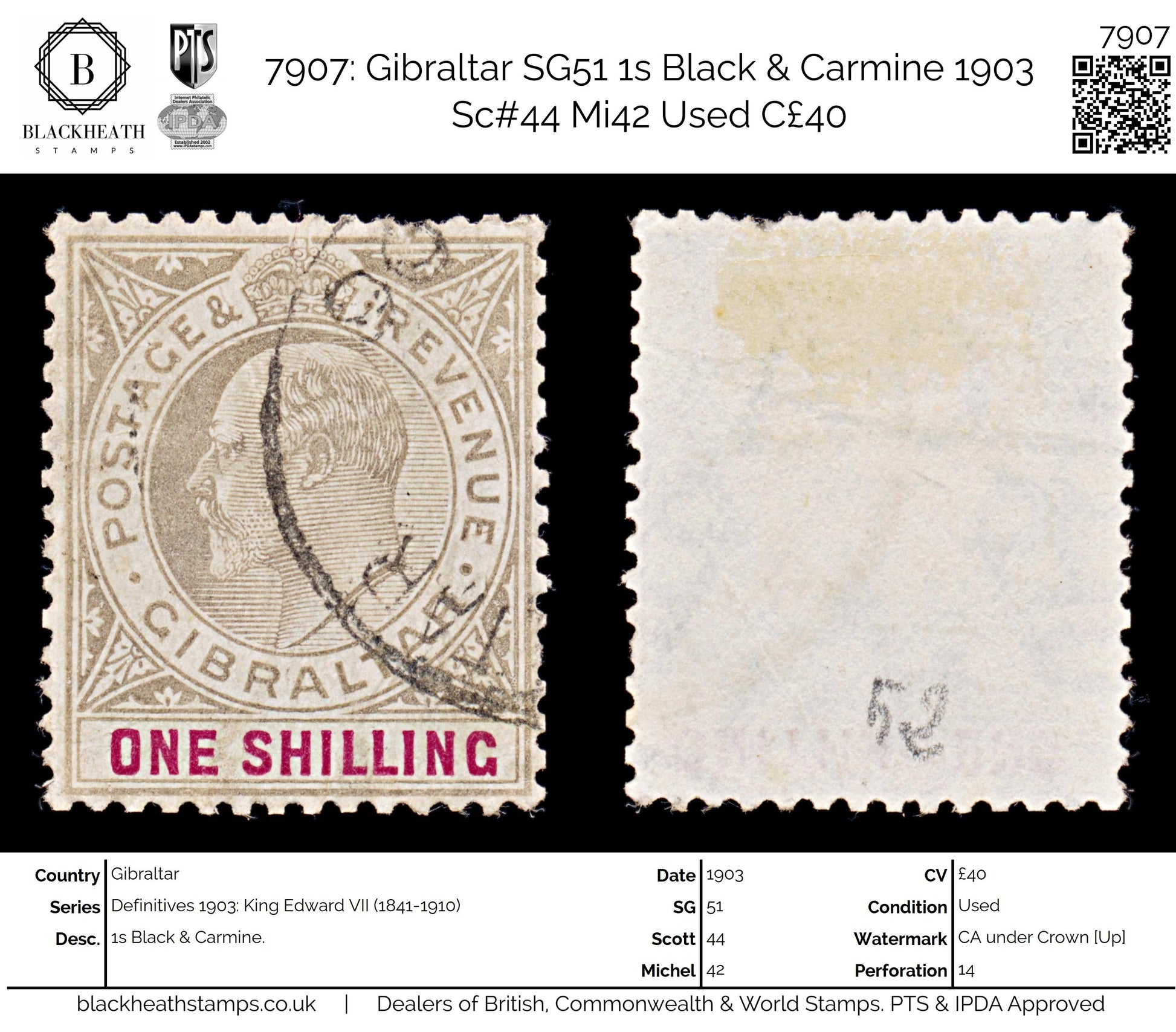 7907: Gibraltar SG51 1s Black & Carmine 1903 Sc#44 Mi42 Used C£40