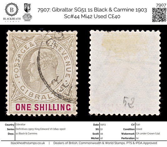 7907: Gibraltar SG51 1s Black & Carmine 1903 Sc#44 Mi42 Used C£40