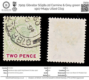 7909: Gibraltar SG58a 2d Carmine & Grey green 1907 Mi49y USed C£19
