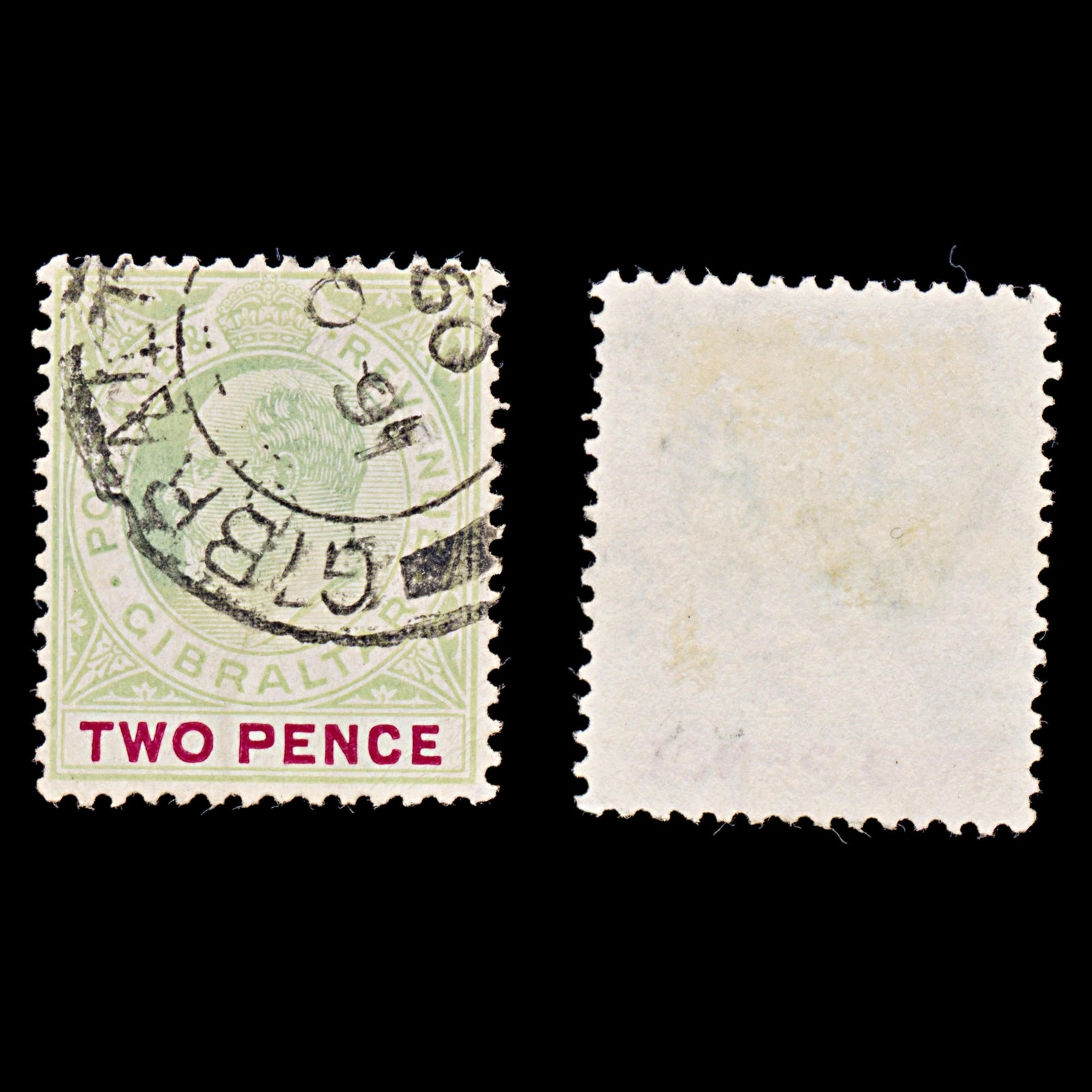 7909: Gibraltar SG58a 2d Carmine & Grey green 1907 Mi49y USed C£19