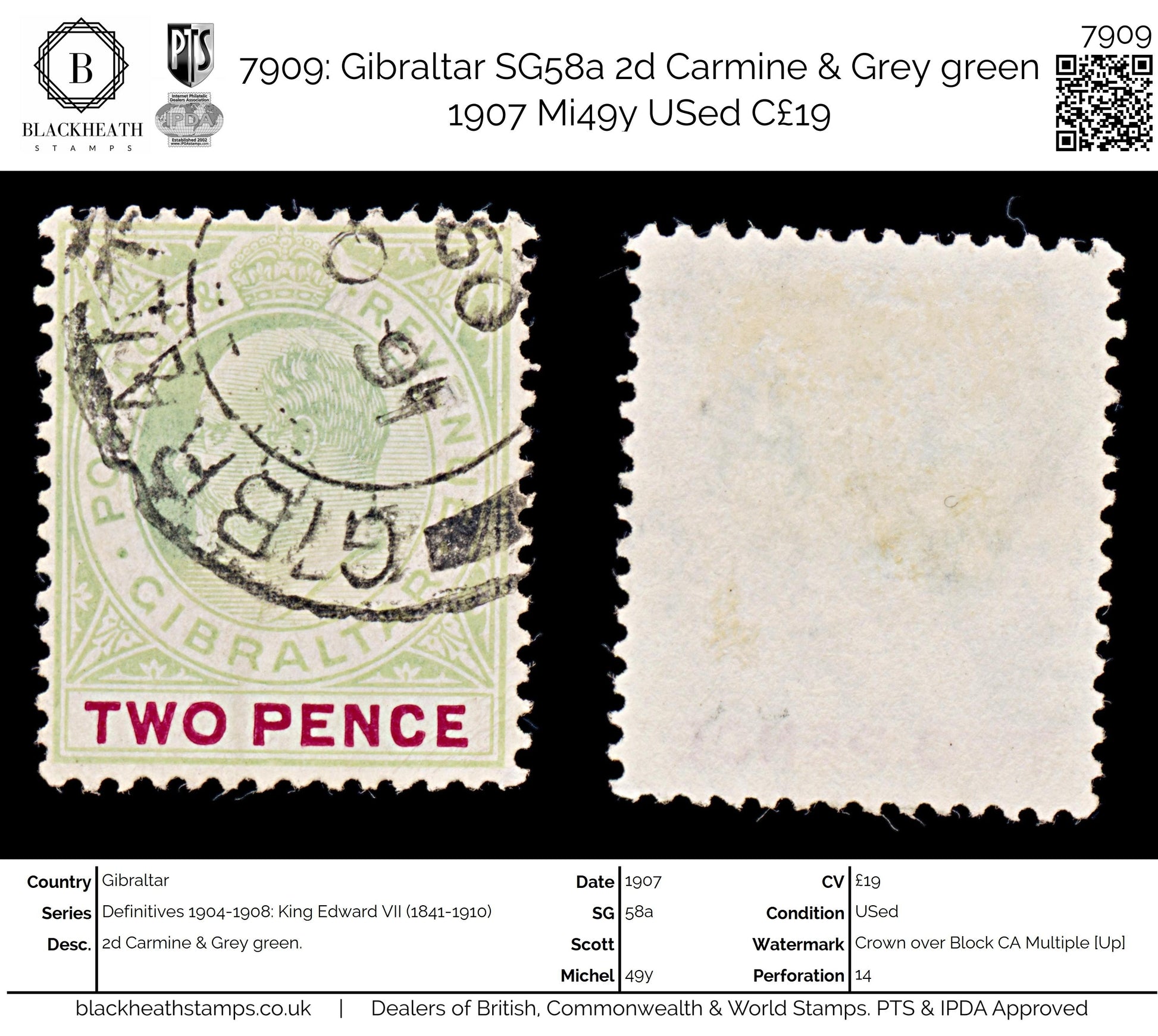 7909: Gibraltar SG58a 2d Carmine & Grey green 1907 Mi49y USed C£19