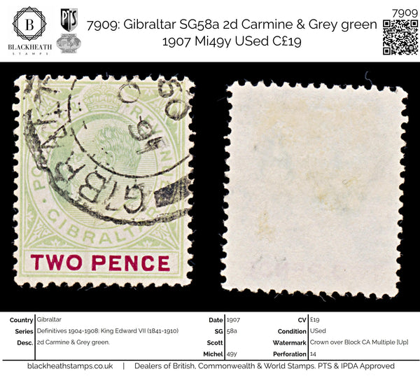 7909: Gibraltar SG58a 2d Carmine & Grey green 1907 Mi49y USed C£19