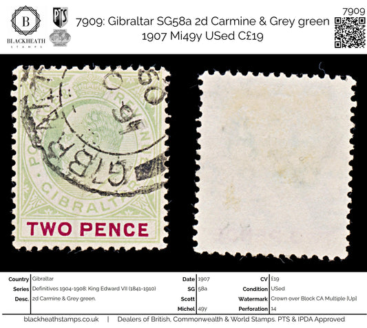 7909: Gibraltar SG58a 2d Carmine & Grey green 1907 Mi49y USed C£19