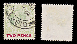 7909: Gibraltar SG58a 2d Carmine & Grey green 1907 Mi49y USed C£19