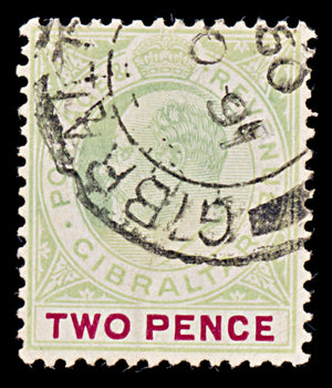 7909: Gibraltar SG58a 2d Carmine & Grey green 1907 Mi49y USed C£19