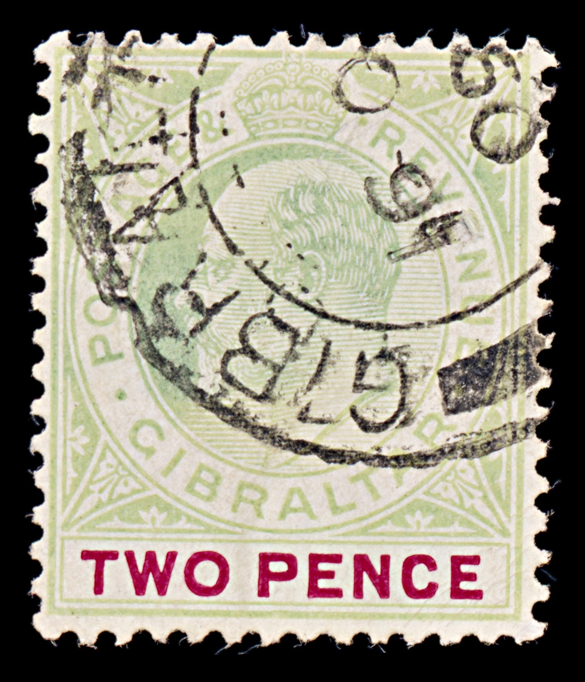 7909: Gibraltar SG58a 2d Carmine & Grey green 1907 Mi49y USed C£19