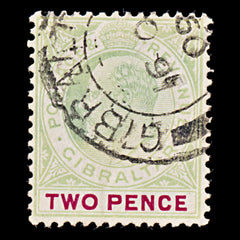 7909: Gibraltar SG58a 2d Carmine & Grey green 1907 Mi49y USed C£19, view 3