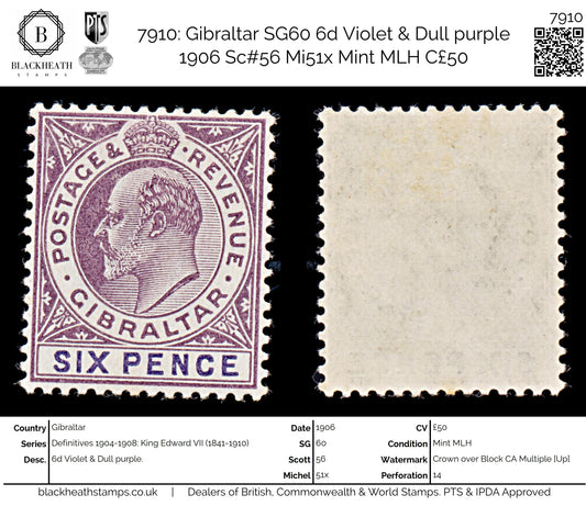7910: Gibraltar SG60 6d Violet & Dull purple 1906 Sc#56 Mi51x Mint MLH C£50
