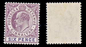 7910: Gibraltar SG60 6d Violet & Dull purple 1906 Sc#56 Mi51x Mint MLH C£50
