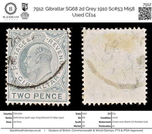 7912: Gibraltar SG68 2d Grey 1910 Sc#53 Mi58 Used C£14
